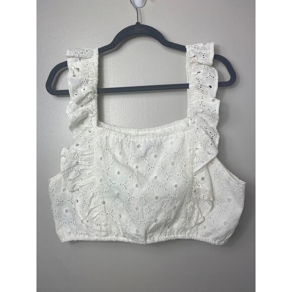 7 FOR ALL MANKIND TOP XL WHITE EYELET LACE CROCHET RUFFLE CROP COTTAGECORE BOHO - Picture 1 of 9